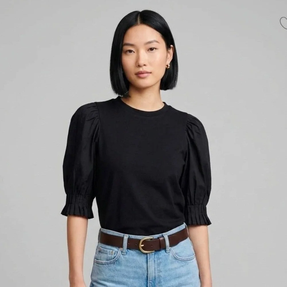 Madewell Top Womens Size XXS Puff Sleeve Tee Black Cotton Crewneck NWT